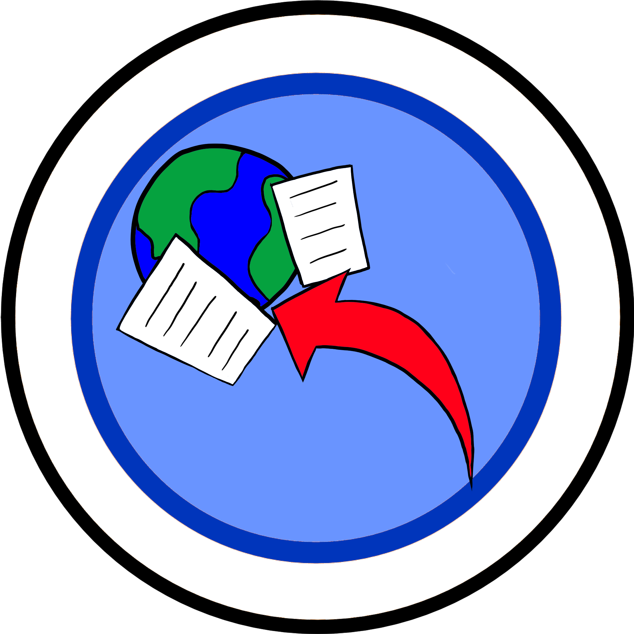 A small logo representing html-gen - consists of some arrows pointing to some free notes above a globe
