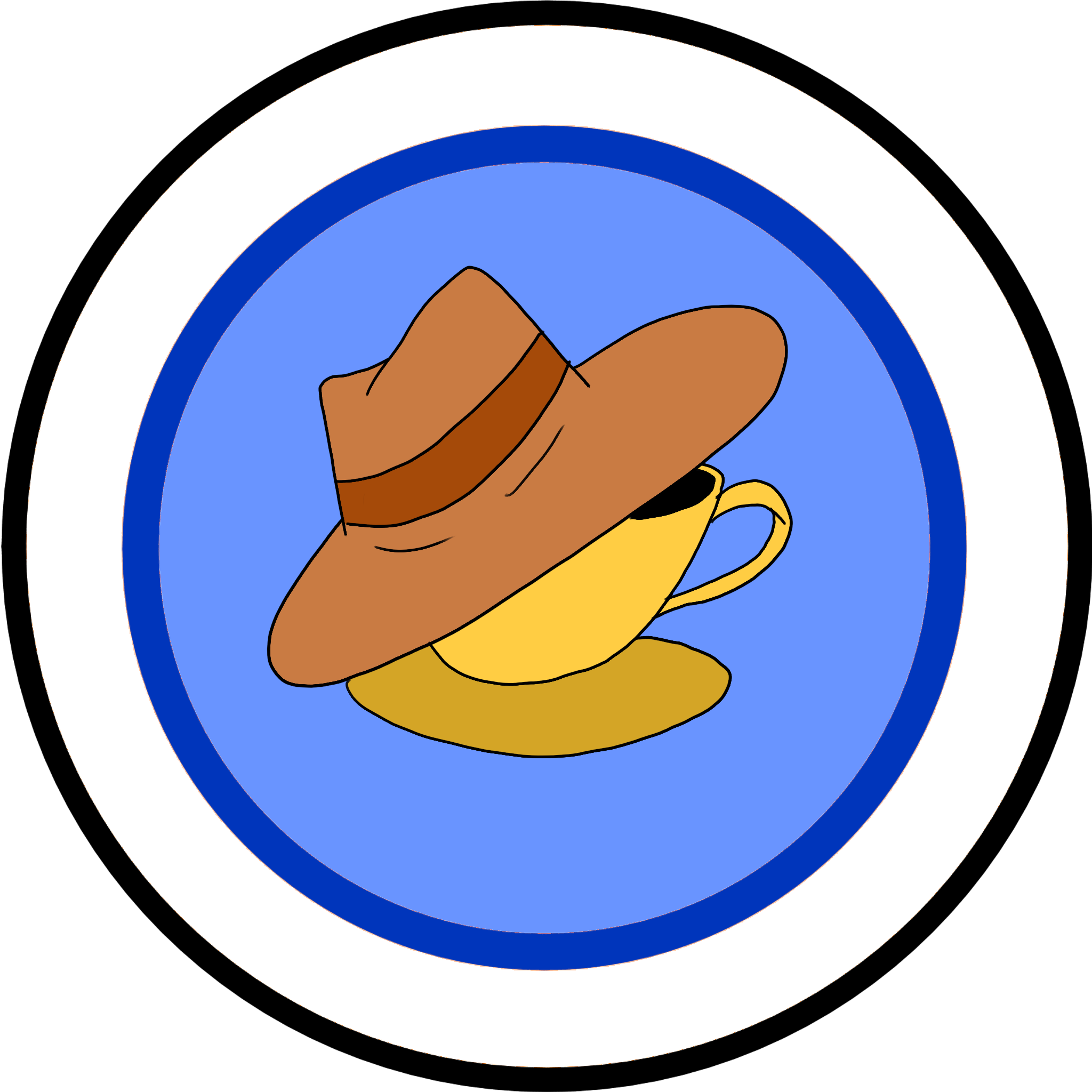 A small logo representing java-jones-quest - consist of a coffee cup with a explorer hat on top of it.